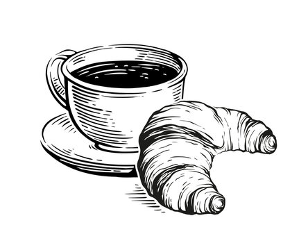 croissant coffee cup hand-drawn drawing crispy engraving retro style