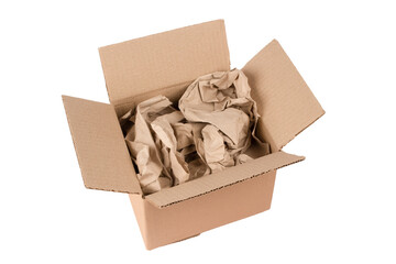 Square cardboard box with recycled filling paper isolated on white. Carton box with paper filler...