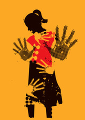 Stop violence against women, victim of sexual violence.
 Grunge stylized young woman silhuette with arms in defensive position and hand prints on the body. Vector available. - obrazy, fototapety, plakaty