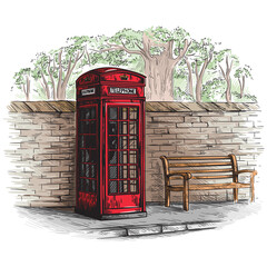 Obraz premium london telephone booth at a brick wall with a bench sketch