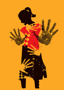 Stop violence against women, victim of sexual violence.
 Grunge stylized young woman silhuette with arms in defensive position and hand prints on the body. Vector available.
