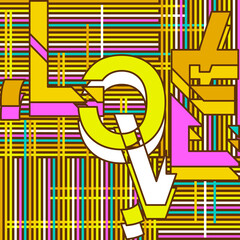 Obraz premium Vector graphics - a square composition with the word love in English and multicolored stripes of trend shades. Concept lettering