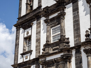 Detail on a part of the main façade of the church of Nossa Senhora da Conceição, the mother church of Santa Cruz das Flores and one of the largest in the entire archipelago of the Azores.