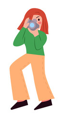 The girl is a photographer with a photo accessory . A girl with red hair and a green jacket takes pictures of the viewer. Simple style