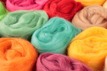 Wool for knitting felting DIY crafts, close-up, selective focus, background
