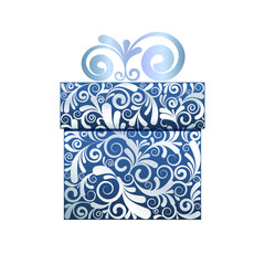 Christmas card - blue gift box with silver ornament.