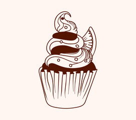 Vector hand drawn muffin with cream and orange, chocolate colors
