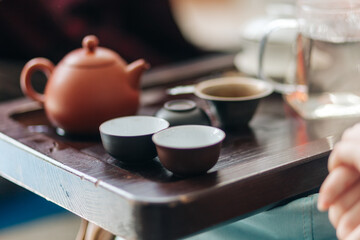 Obraz na płótnie Canvas tea ceremony in nature, chinese pottery