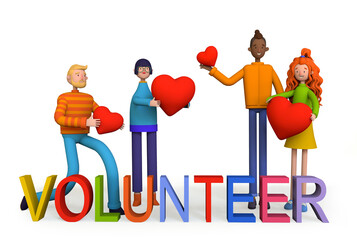 Group of diversity people volunteer hold hearts in hands for charity donation. Concept of support poor, homeless and elder persons. 3d illustration on white background.