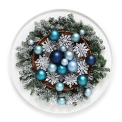 merry christmas decoration, green wreath garland with pine cones and snowflakes around a basket full of blue and turquoise xmas balls, isolated on white background, top view, useful for centerpieces