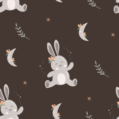 Seamless pattern with cute rabbit, bunny, flower, branch of leaves, moon for design, fabric, print, wallpaper