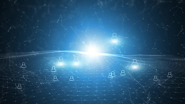 Shining digital 3d business network cyberspace with glowing people icon signs animation background.