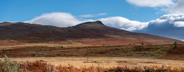Pieljekaise Mountain Summit in Autumn colors in Remote wilderness of arctic Pieljekaise National Park South of Jakkvik, Sweden on a sunny autumn day with yellow and orange colors in nature.