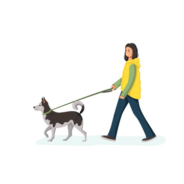 person and dog, vector illustration, girl walking the dog, pet