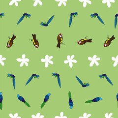 Vector Light Green Tropical birds and flowers seamless background pattern