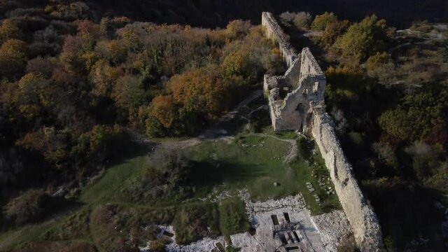 Ruins of the Mangup fortress in the Bakhchisarai district of Crimea. Flight over the fortress walls