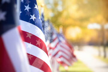 Closeup of an American flag in a row. Memorial day, Independence day, Veterans day, patriotic concept. Copy space.  - 469377850
