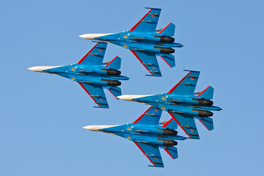 Russian Knights military aerobatic team with  Sukhoi SU-27 fighter jets performing a display at Kecskemet Airshow in Hungary
