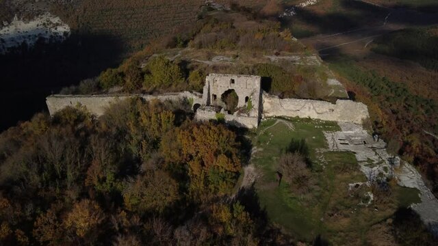 Ruins of the Mangup fortress in the Bakhchisarai district of Crimea. Flight over the fortress walls