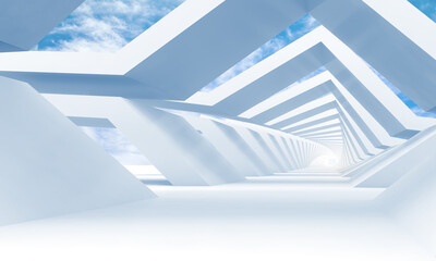 Obraz premium Abstract white tunnel perspective with cloudy sky on a background. 3d