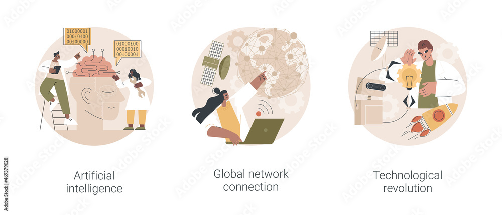 Poster information era abstract concept vector illustration set. artificial intelligence, global network co
