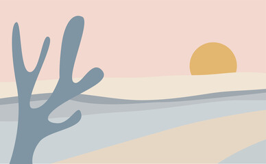 Abstract landscape with a rising sun and a plant in a free primitive style