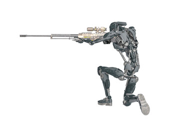 mechanical soldier is holding a rifle on sniper kneel pose