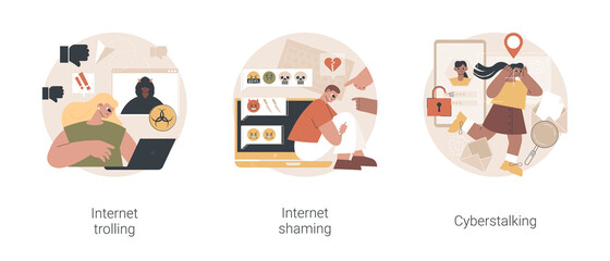 Social media aggressive behavior abstract concept vector illustration set. Internet trolling, digital shaming, cyberstalking, internet harassment, mental abuse, cyber crime abstract metaphor.