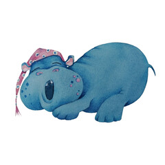 The sleepy blue hippopotamus yawns.