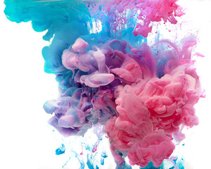 Pink and blue pastel ink in water, abstraction isolated on white background