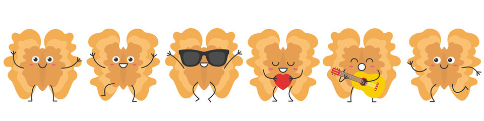 Set walnut cute character cartoon greeting jumping loves sings running emotions joy happiness smiling face icon nut beautiful vector illustration.