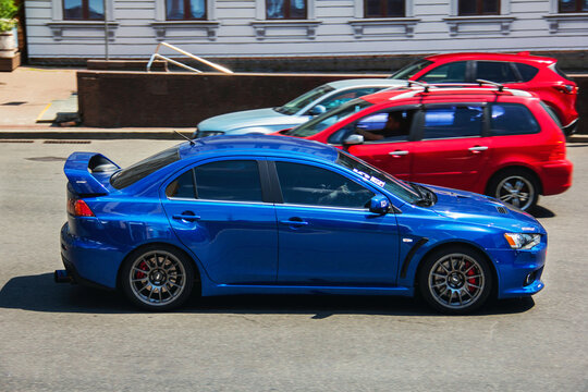 Kiev, Ukraine - June 19, 2021: Blue Mitsubishi Lancer Evolution in the city