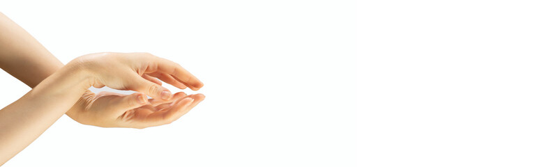Two folded female hands on a white background with place for text