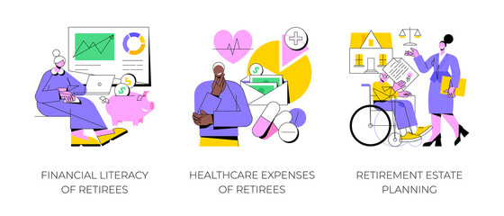 Retiree budget plan abstract concept vector illustration set. Financial literacy of retirees, healthcare expenses, retirement estate planning, health insurance plan, law advisor abstract metaphor.