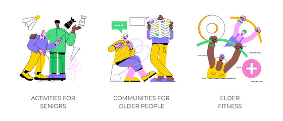 Fototapeta na wymiar Retiree lifestyle abstract concept vector illustration set. Activities for seniors, communities for older people, elder fitness, nursing home, health support, social activity abstract metaphor.