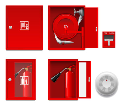 Flat illustration fire shield, fire cabinet, fire extinguisher, fire alarm.