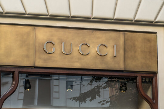 Prague, Czech Republic - July 22, 2020: Gucci boutique. Gucci is an Italian luxury brand of fashion and leather goods, part of the Gucci Group, which is owned by the French holding company Kering