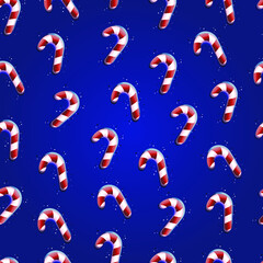 Christmas pattern. Sugar cane on blue background and snow