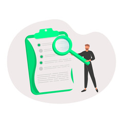 Document checking, agreement or contract validation, financial or budget analysis, search for document files concept, businessman manager holding big magnifying glass checking document paper.