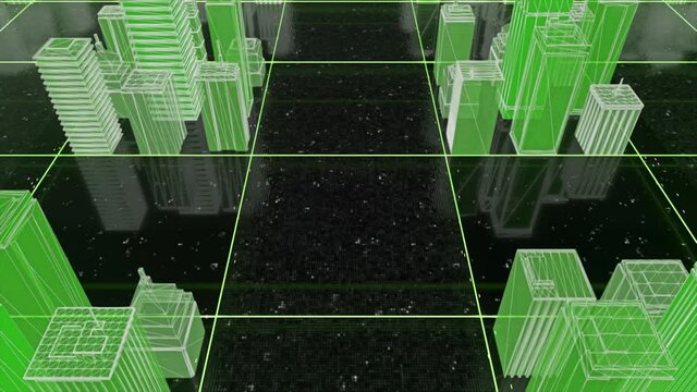Seamless looping 3d city wireframe of green color on a black background with white stars. Animation. Neon buildings on the abstract squared surface.