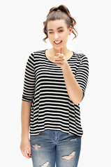 Obraz premium happy girl grimaces and gestures, joyful mood
