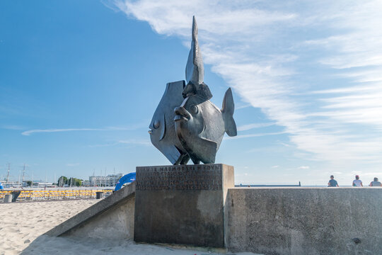 Gdynia, Poland - August 1, 2021: Fish statues on Feliks Nowowiejski boulevard.