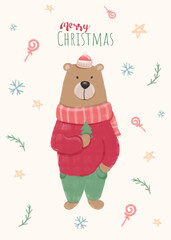 Hand drawing digital watercolor illustration Christmas bear. Christmas card bear illustration. Christmas congratulation  bear.