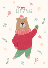 Handdrawing digital watercolor illustration Christmas bear