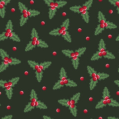 Vector hand drawn new year seamless pattern. Christmas illustration with holly, green pointed leaves and red berries. Traditional pattern Design greeting card, gift paper, wrapping paper on green back