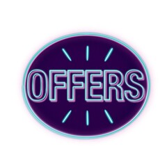 Etiqueta de descuento. Ofertas, descuentos, rebajas. Ilustración sobre fondo blanco. Texto con efecto neón o fluorescente