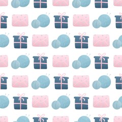 winter pattern with new year gifts, letters and yarn
