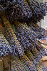 Bunches of aromatic dried lavender flowers for sale in shop in Provence, France