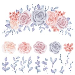 Set of Rose Winter Isolated Floral Rose Blue Leaves Clipart