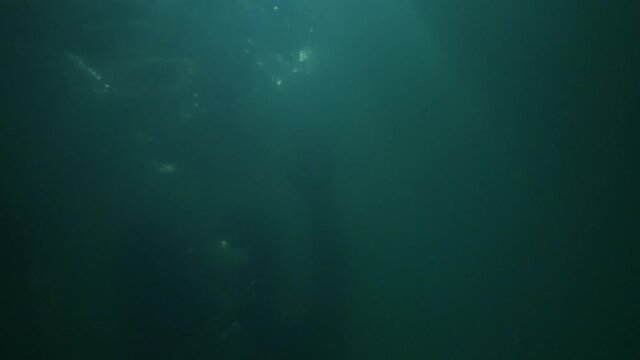 a man in clothes is drowning under water